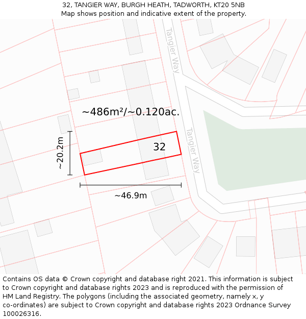 32, TANGIER WAY, BURGH HEATH, TADWORTH, KT20 5NB: Plot and title map