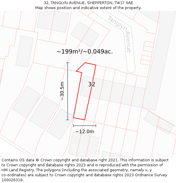 32, TANGLYN AVENUE, SHEPPERTON, TW17 0AE: Plot and title map