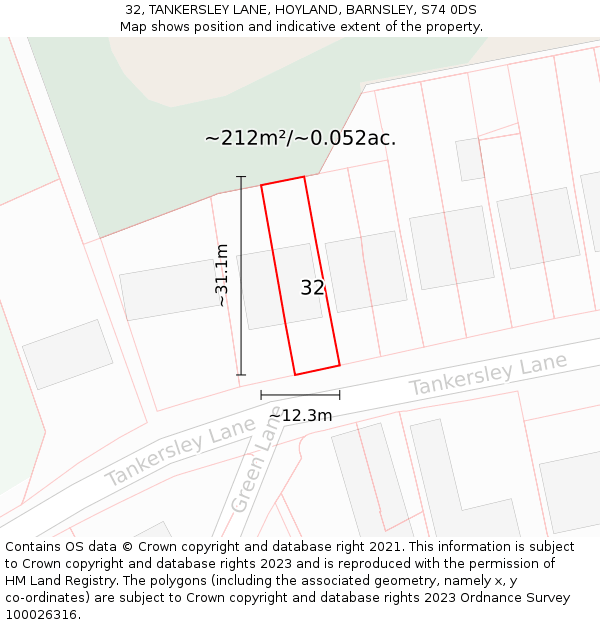 32, TANKERSLEY LANE, HOYLAND, BARNSLEY, S74 0DS: Plot and title map