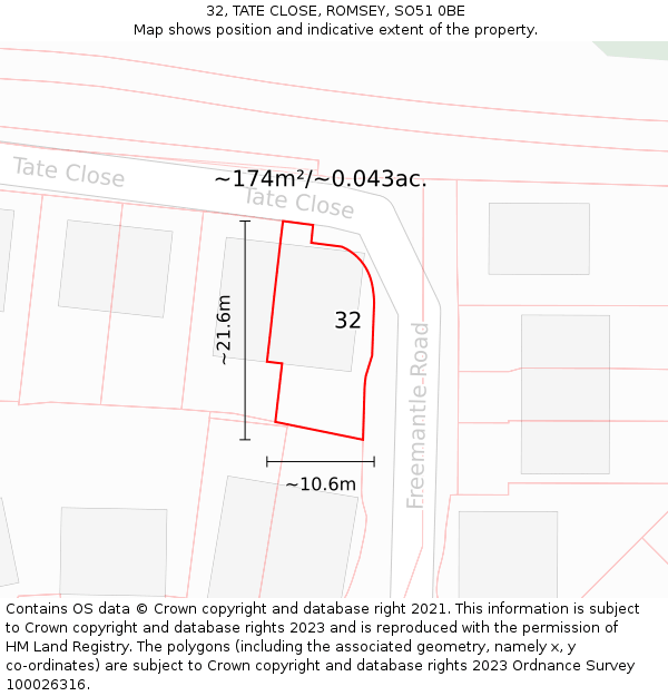 32, TATE CLOSE, ROMSEY, SO51 0BE: Plot and title map