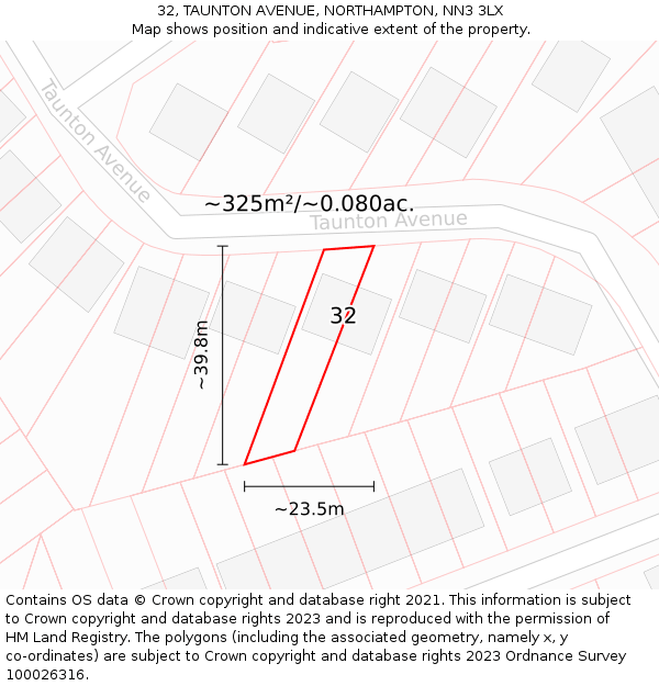 32, TAUNTON AVENUE, NORTHAMPTON, NN3 3LX: Plot and title map