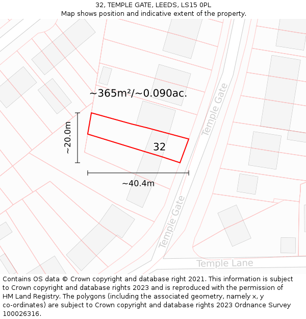 32, TEMPLE GATE, LEEDS, LS15 0PL: Plot and title map