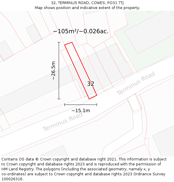 32, TERMINUS ROAD, COWES, PO31 7TJ: Plot and title map