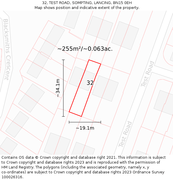 32, TEST ROAD, SOMPTING, LANCING, BN15 0EH: Plot and title map