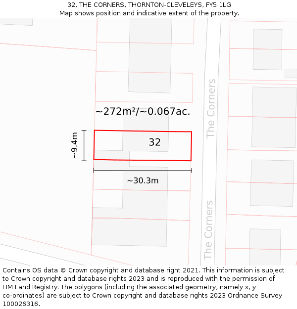 32, THE CORNERS, THORNTON-CLEVELEYS, FY5 1LG: Plot and title map