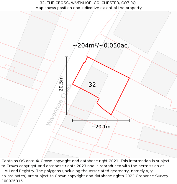 32, THE CROSS, WIVENHOE, COLCHESTER, CO7 9QL: Plot and title map