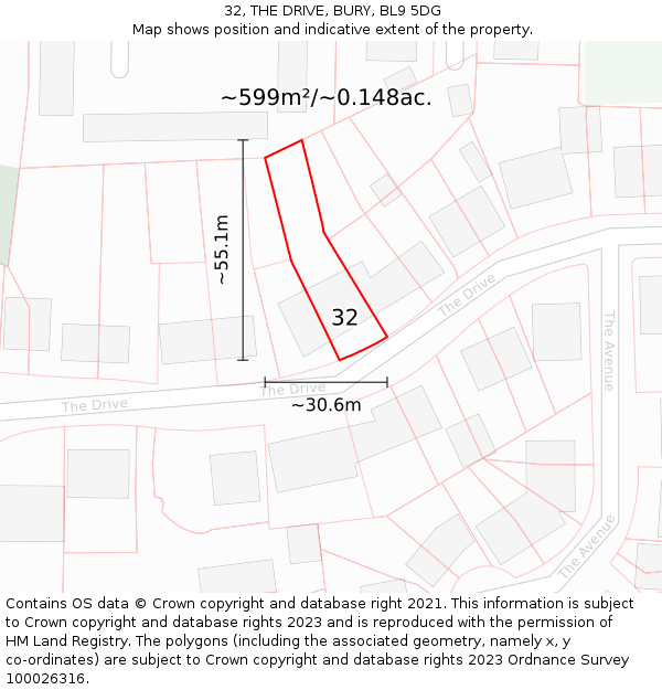 32, THE DRIVE, BURY, BL9 5DG: Plot and title map