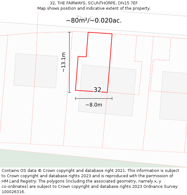 32, THE FAIRWAYS, SCUNTHORPE, DN15 7EF: Plot and title map