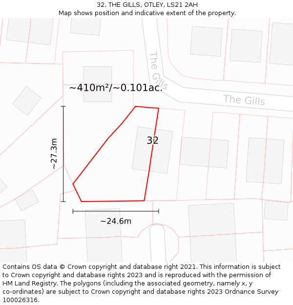 32, THE GILLS, OTLEY, LS21 2AH: Plot and title map