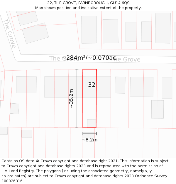 32, THE GROVE, FARNBOROUGH, GU14 6QS: Plot and title map