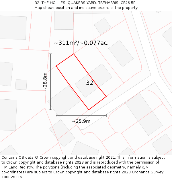 32, THE HOLLIES, QUAKERS YARD, TREHARRIS, CF46 5PL: Plot and title map