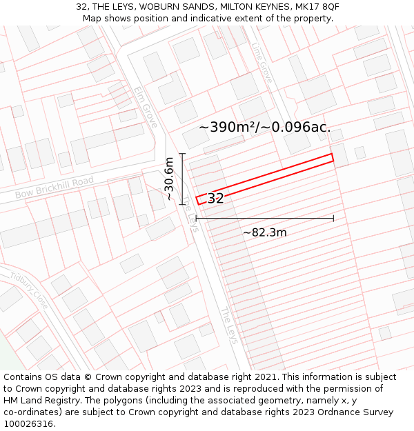32, THE LEYS, WOBURN SANDS, MILTON KEYNES, MK17 8QF: Plot and title map