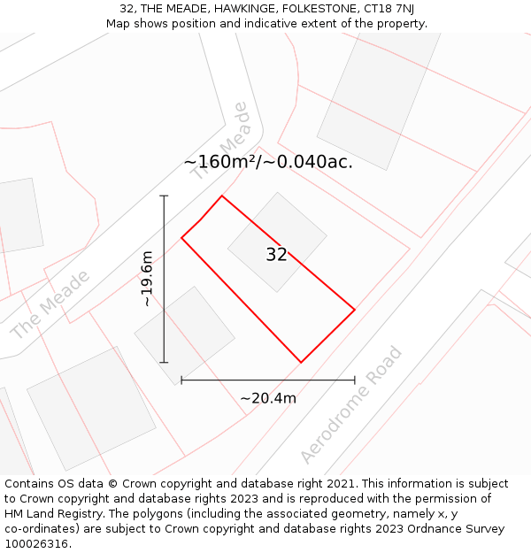 32, THE MEADE, HAWKINGE, FOLKESTONE, CT18 7NJ: Plot and title map