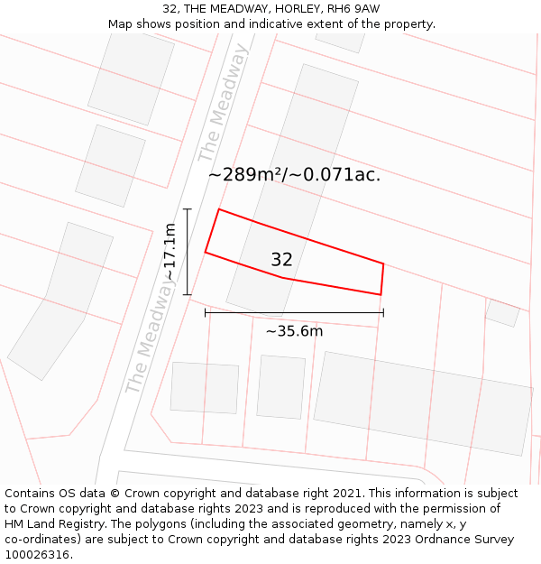 32, THE MEADWAY, HORLEY, RH6 9AW: Plot and title map