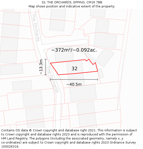 32, THE ORCHARDS, EPPING, CM16 7BB: Plot and title map