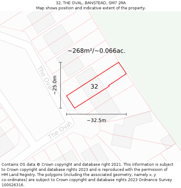 32, THE OVAL, BANSTEAD, SM7 2RA: Plot and title map