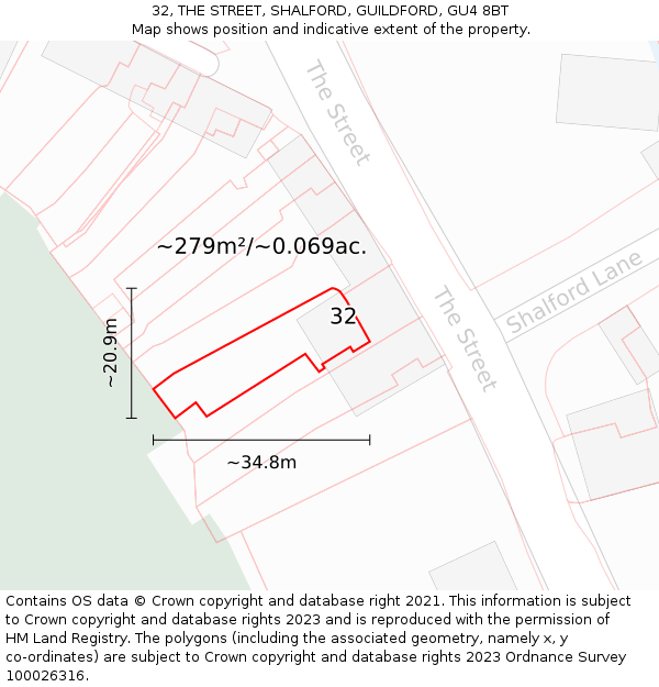 32, THE STREET, SHALFORD, GUILDFORD, GU4 8BT: Plot and title map