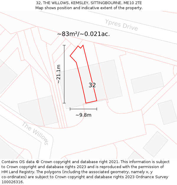 32, THE WILLOWS, KEMSLEY, SITTINGBOURNE, ME10 2TE: Plot and title map