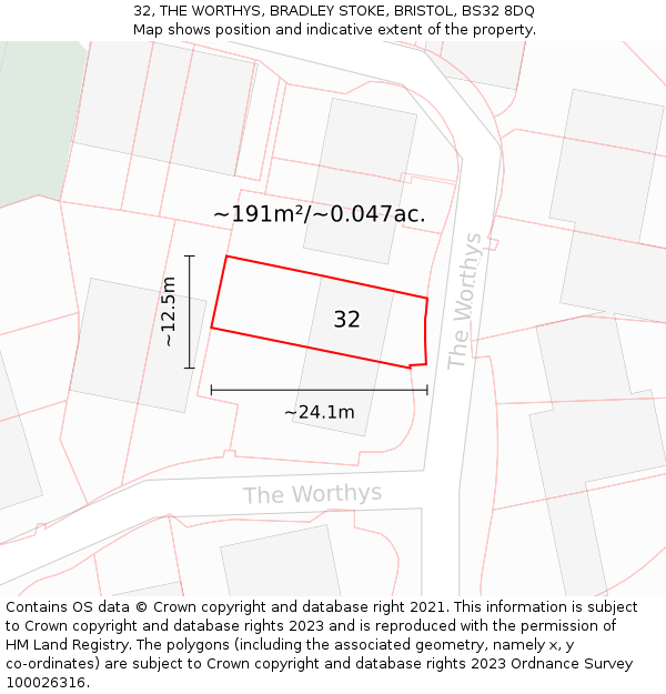 32, THE WORTHYS, BRADLEY STOKE, BRISTOL, BS32 8DQ: Plot and title map