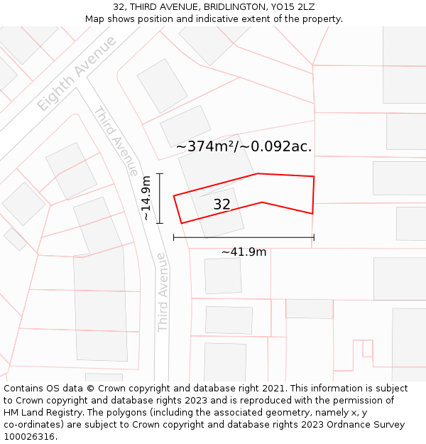 32, THIRD AVENUE, BRIDLINGTON, YO15 2LZ: Plot and title map