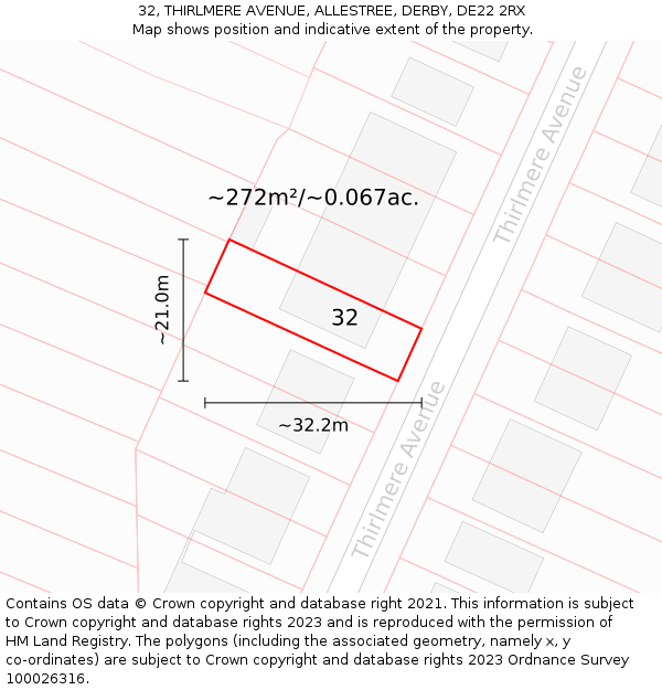 32, THIRLMERE AVENUE, ALLESTREE, DERBY, DE22 2RX: Plot and title map