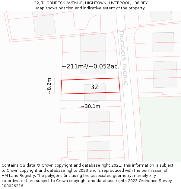 32, THORNBECK AVENUE, HIGHTOWN, LIVERPOOL, L38 9EY: Plot and title map