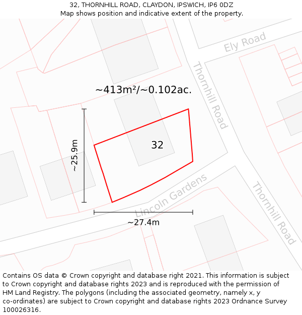 32, THORNHILL ROAD, CLAYDON, IPSWICH, IP6 0DZ: Plot and title map