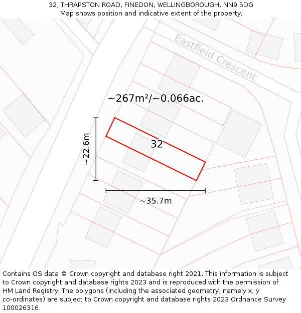 32, THRAPSTON ROAD, FINEDON, WELLINGBOROUGH, NN9 5DG: Plot and title map