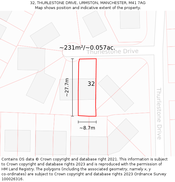 32, THURLESTONE DRIVE, URMSTON, MANCHESTER, M41 7AG: Plot and title map