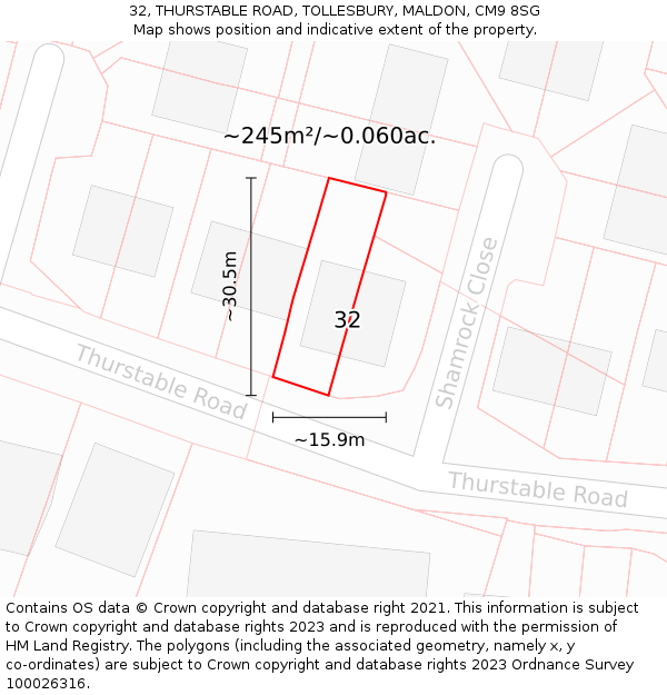 32, THURSTABLE ROAD, TOLLESBURY, MALDON, CM9 8SG: Plot and title map