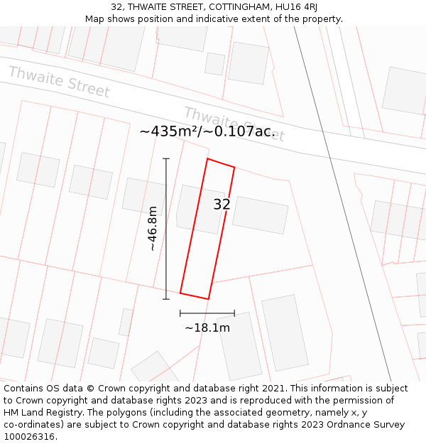 32, THWAITE STREET, COTTINGHAM, HU16 4RJ: Plot and title map