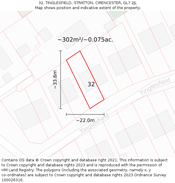 32, TINGLESFIELD, STRATTON, CIRENCESTER, GL7 2JL: Plot and title map