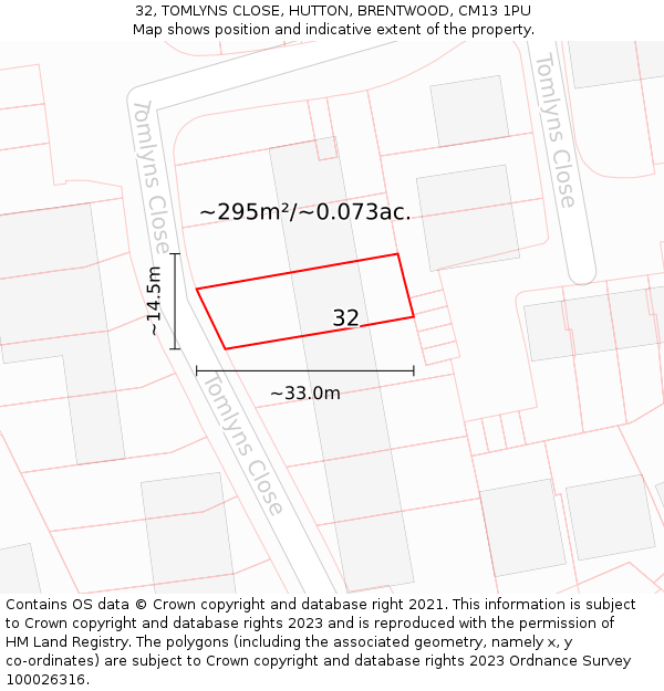 32, TOMLYNS CLOSE, HUTTON, BRENTWOOD, CM13 1PU: Plot and title map
