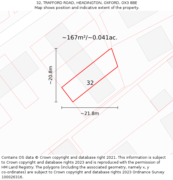 32, TRAFFORD ROAD, HEADINGTON, OXFORD, OX3 8BE: Plot and title map