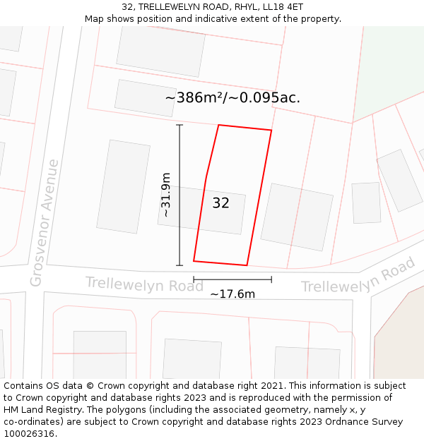 32, TRELLEWELYN ROAD, RHYL, LL18 4ET: Plot and title map