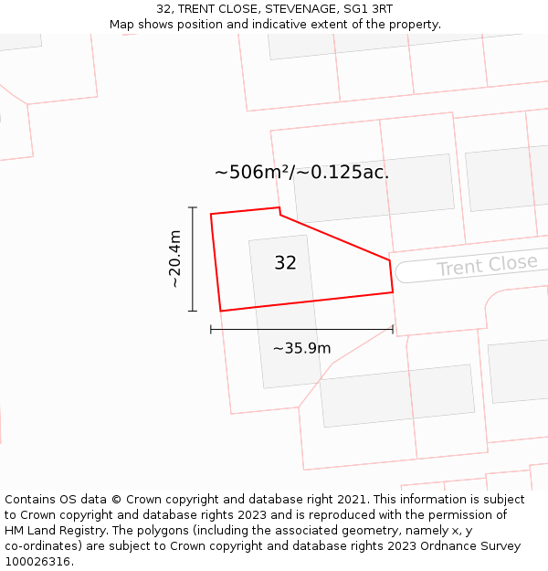 32, TRENT CLOSE, STEVENAGE, SG1 3RT: Plot and title map