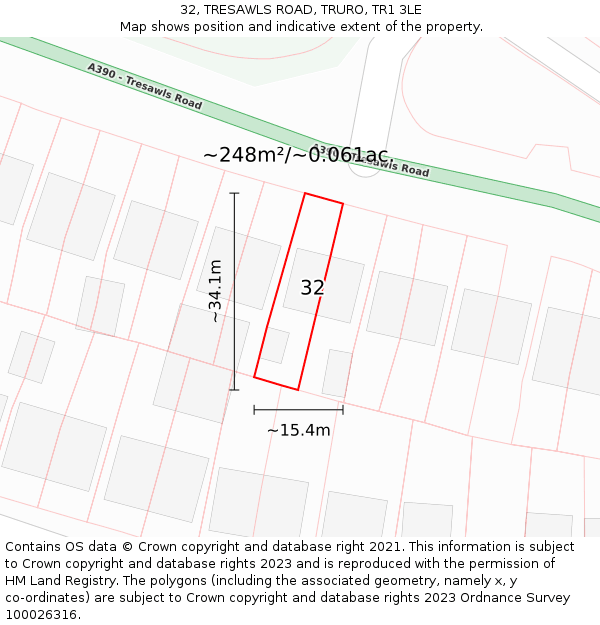 32, TRESAWLS ROAD, TRURO, TR1 3LE: Plot and title map