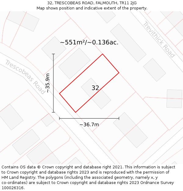 32, TRESCOBEAS ROAD, FALMOUTH, TR11 2JG: Plot and title map