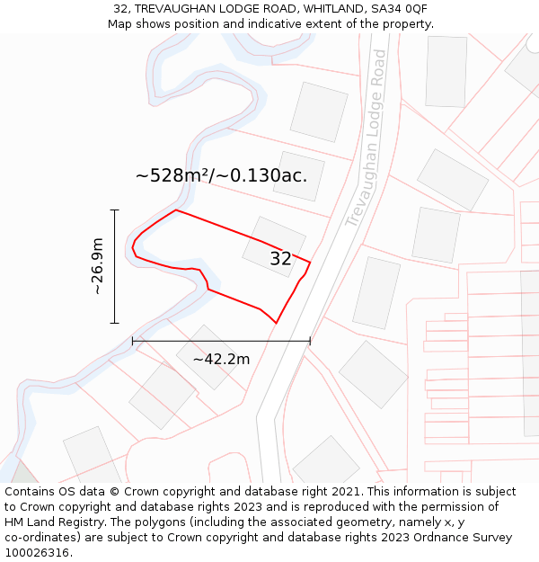 32, TREVAUGHAN LODGE ROAD, WHITLAND, SA34 0QF: Plot and title map