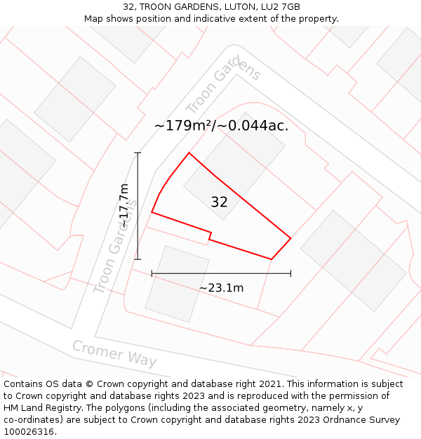 32, TROON GARDENS, LUTON, LU2 7GB: Plot and title map