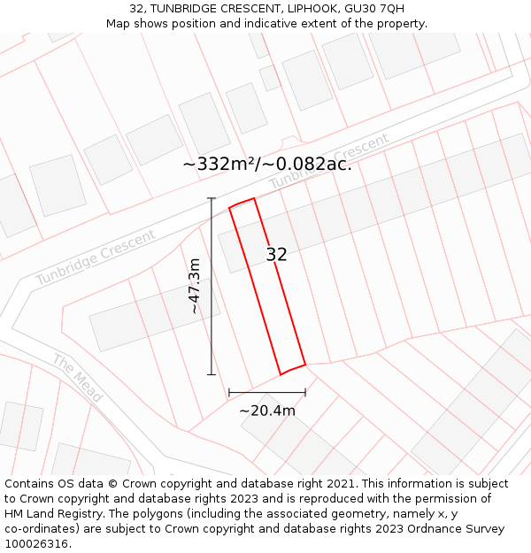 32, TUNBRIDGE CRESCENT, LIPHOOK, GU30 7QH: Plot and title map