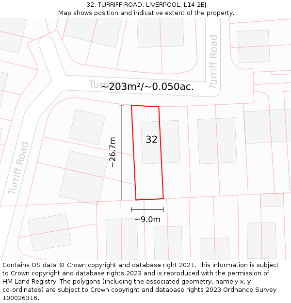 32, TURRIFF ROAD, LIVERPOOL, L14 2EJ: Plot and title map