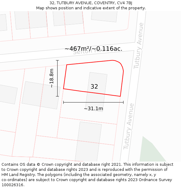 32, TUTBURY AVENUE, COVENTRY, CV4 7BJ: Plot and title map