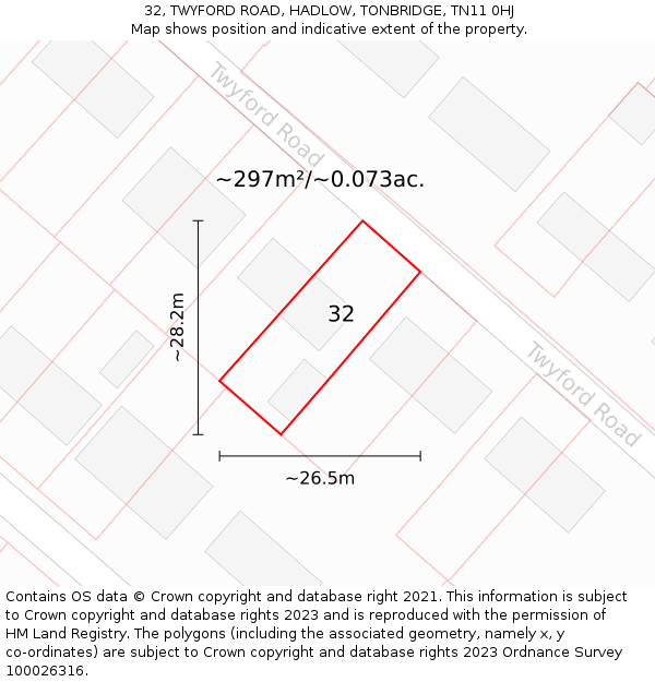 32, TWYFORD ROAD, HADLOW, TONBRIDGE, TN11 0HJ: Plot and title map