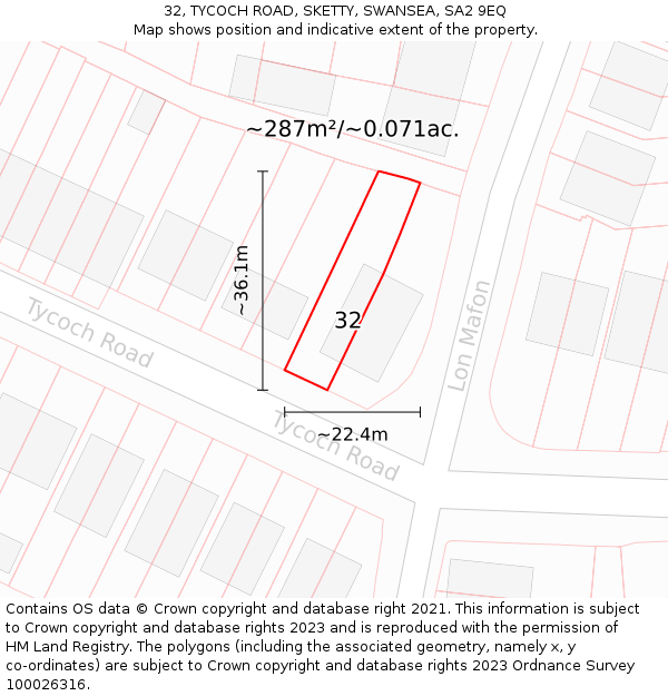 32, TYCOCH ROAD, SKETTY, SWANSEA, SA2 9EQ: Plot and title map