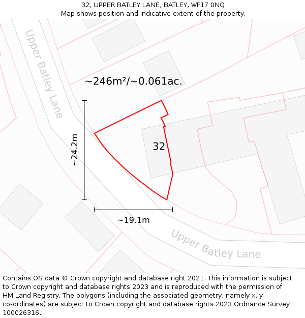 32, UPPER BATLEY LANE, BATLEY, WF17 0NQ: Plot and title map