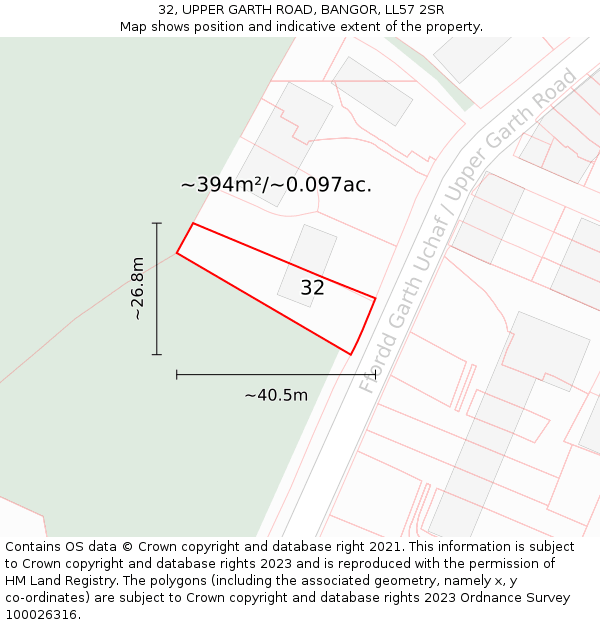 32, UPPER GARTH ROAD, BANGOR, LL57 2SR: Plot and title map