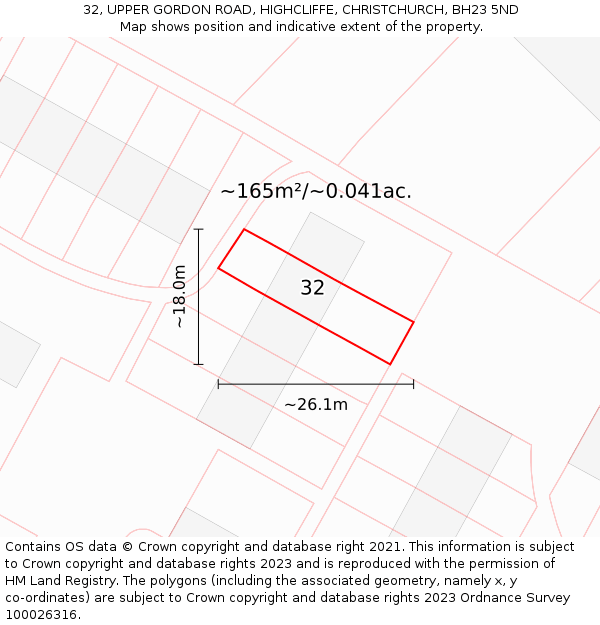 32, UPPER GORDON ROAD, HIGHCLIFFE, CHRISTCHURCH, BH23 5ND: Plot and title map