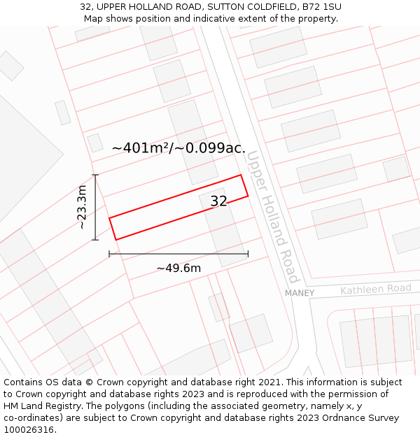 32, UPPER HOLLAND ROAD, SUTTON COLDFIELD, B72 1SU: Plot and title map