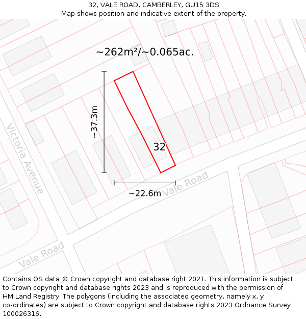 32, VALE ROAD, CAMBERLEY, GU15 3DS: Plot and title map